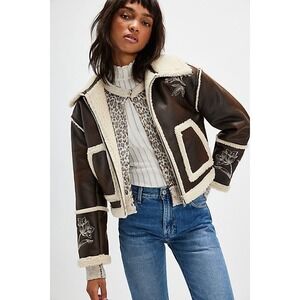NEW Free People‎ Driftwood Brown Faux Leather Embroidered Sherpa Trim Jacket  S